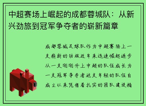 中超赛场上崛起的成都蓉城队：从新兴劲旅到冠军争夺者的崭新篇章